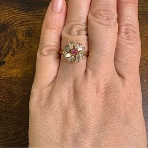 Pink Stone Ballerina Ring Crystal Baguette Cluster Fireworks Gold Plated Vintage